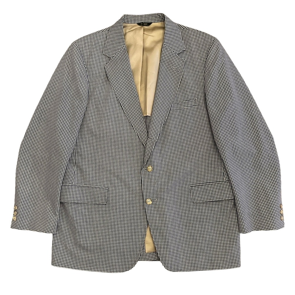 Vintage Orvis Gingham Check Blazer Mens 46R Navy Tan Sport Coat Union Made USA - Picture 2 of 16